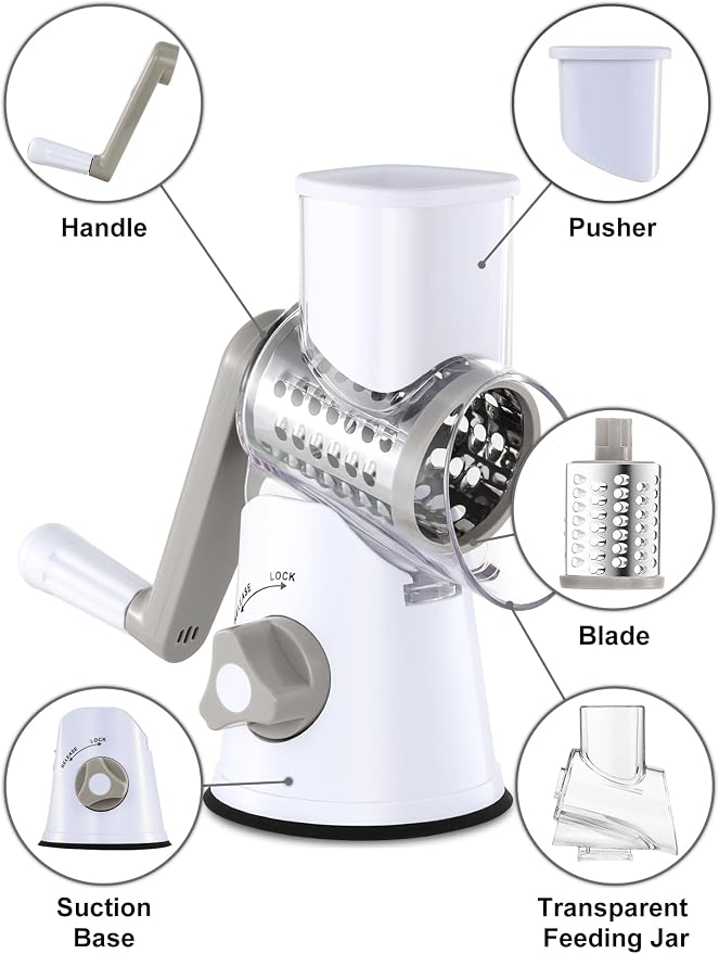 GDL Cheese Grater Hand Crank, Rotary Cheese shredder, Vegetable Slicer | 3 Stainless Steel Blades, 12x Fast Cutting, Non-slip Suction Base, No BPA, Dishwasher Safe, Easy Use for Cheese, Veggies, Nut
