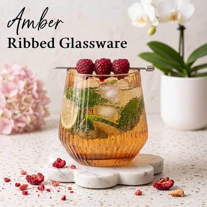 Amber Stemless Wine Glasses Set of 6, 12.5 Oz Lead-Free Ribbed Drinking Glass Cup for Wine, Cocktails, Champagne and Whiskey, Ideal Gifts for Weddings, Bars, Christmas, Halloween,Party, Daily Use