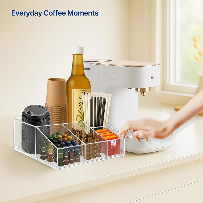 Acrylic Coffee Bar Station, Countertop Snack Tea Organizer & Condiment Tray | Syrup, Creamer, Sugar Packets & Tea Bags