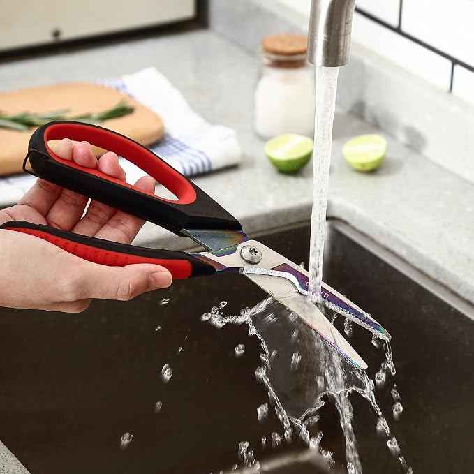 LIVINGO 9.5" Heavy Duty Kitchen Scissors Titanium Coated Poultry Shears | Sharp Stainless Steel Food Scissors with Comfortable Grip and Safety Lock for Cutting Chicken Bones, Meat and Vegetables