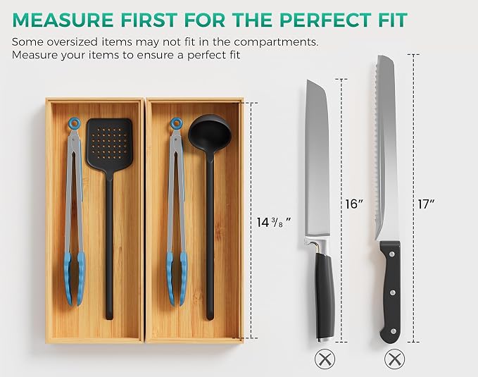 Bamboo Kitchen Drawer Organizer Set of 2, 15" x 6" Stackable Wood Tray | Silverware Utensil Tray for Drawers Bins, Cutlery & Flatware Storage, Wooden Boxes Organizers for Junk Drawer, Bathroom, RV