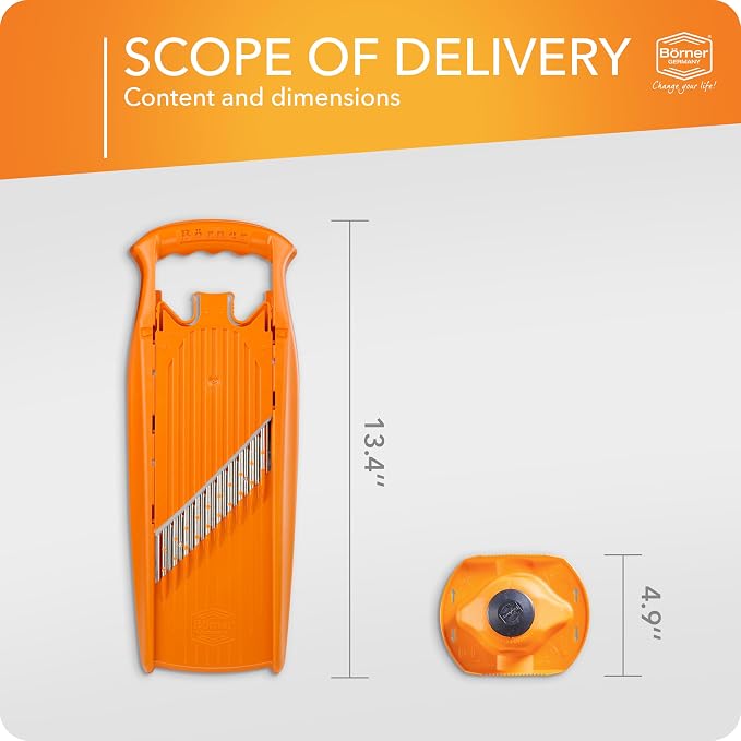 Börner by Reston Lloyd Wave-Waffle Power Line • Crinkle Cut/Spirelli Vegetable Slicer & Food Safety Holder • Slicer for Wave Waffle Cut Style • Multiple Thickness Options • Made in Germany, Orange