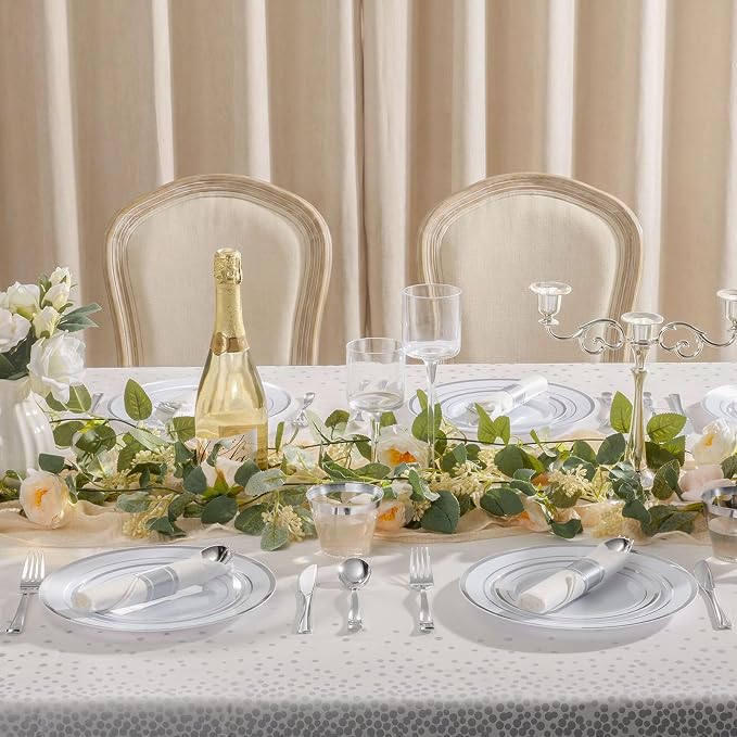 352 Piece Silver Plastic Dinnerware Set for 50 Guests | Includes: 50 Dinner Plates 50 Dessert Plates, 50 Pre Rolled Napkins with Silverware, 50 Cups, 2 Tablecloth
