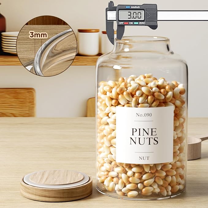 2 PCS Flour Sugar Storage Containers Glass Jar,98 oz/2800 ml | Large Glass Food Storage Jars with Wood Airtight Lids, 132 Pantry Labels and 2 spoon for Coffee, Flour, Sugar, Spice