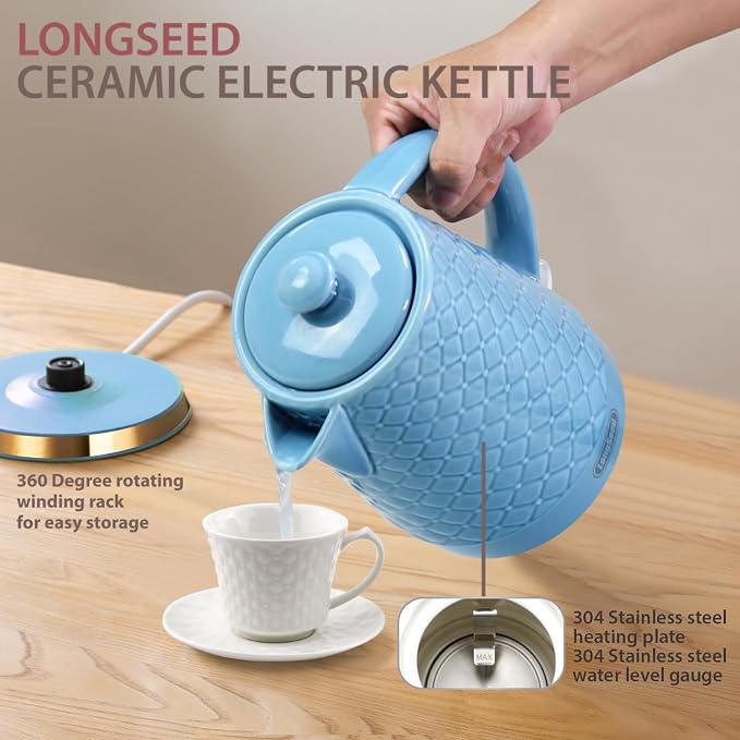 1.5L Ceramic Electric Kettle, 1200W Fast Boil Retro Tea Pot with LED Light, BPA-Free Porcelain Cordless Water Boiler, Auto Shut-Off & Boil-Dry Protection, Blue Relief Carving