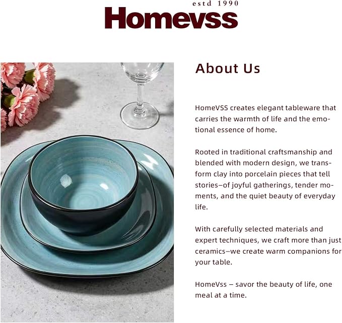 HomeVss, Stoneware Square 16pc Dinnerware Set, Inside Spinwaseh Swirl Turquoise + Outside Black