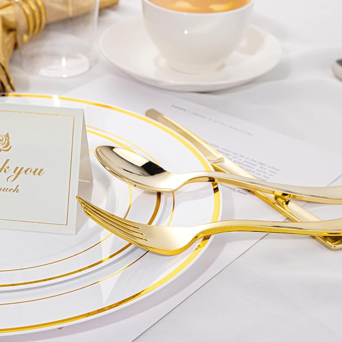500PCS Gold Plastic Silverware, Disposable Plastic Cutlery/Utensils | Heavy Duty Flatware Kit, 200 Forks, 150 Spoons, 150 Knives, for Party, Wedding, Birthday & Everyday Use