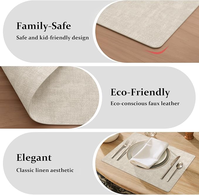 FROMHEART Faux Leather PU Placemats Set of 8 (Beige,11.8" x 17") | Waterproof,Heat/Oil Stain-Resistant Table Mat–Reversible,Non-Slip,Easy to Clean Place Mats for Kitchen,Dining,Indoor/Outdoor