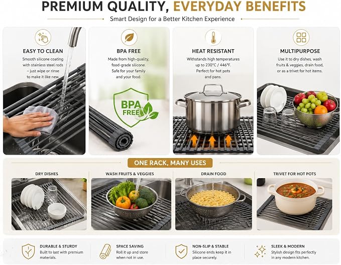 Roll Up Dish Drying Rack for Kitchen Sink, Silicone Wrapped Dish Drainer,Flodable Over Sink Drying Rack,Heat Resistant, Drain Mats, Space Saving, Multipurpose (Matte Black, Large)