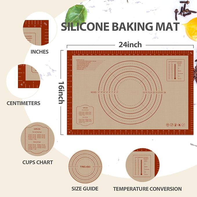 24" x 16" Silicone Baking Mat with Measurement Guides | Extra Thick Pastry Rolling & Sourdough Mat Baking Supplies for Making Pizza, Pie, Cookies and Bread