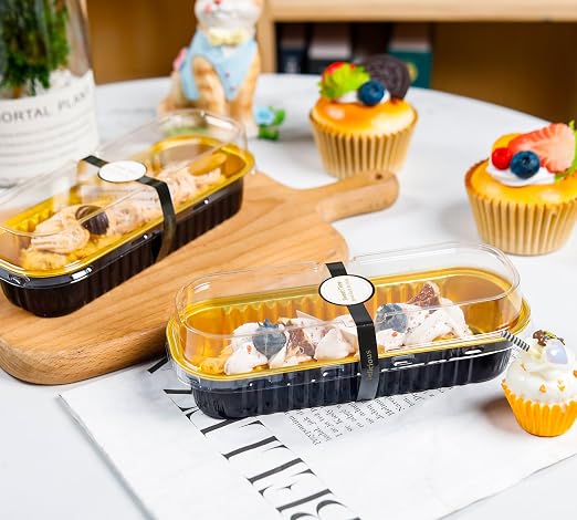 NPLUX Loaf Pans with Lids, 50 Pack Black Gold 6.8oz for Weddings | Use for cake slices, loaf cuts, tiramisu and truffle layers; clear top helps buyers see the finished look.