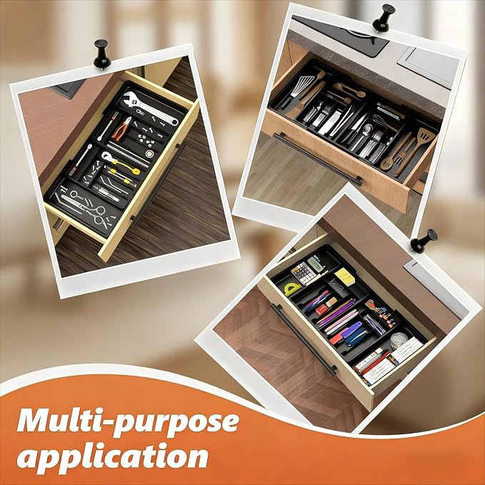 Utensil Organizer for Kitchen Drawer, Expandable Cooking Silverware Tray,Large Silverware Drawer Organizer,Plastic Spatula Tools Storage Divider, 21.6-38", Black