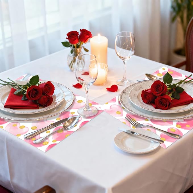 Sweet Hearts Valentine's Day Placemats, 50 Count Disposable Table Mats | Pink Heart Yellow Dots Anniversary, Wedding Party Dinner Romantic Dining Decor