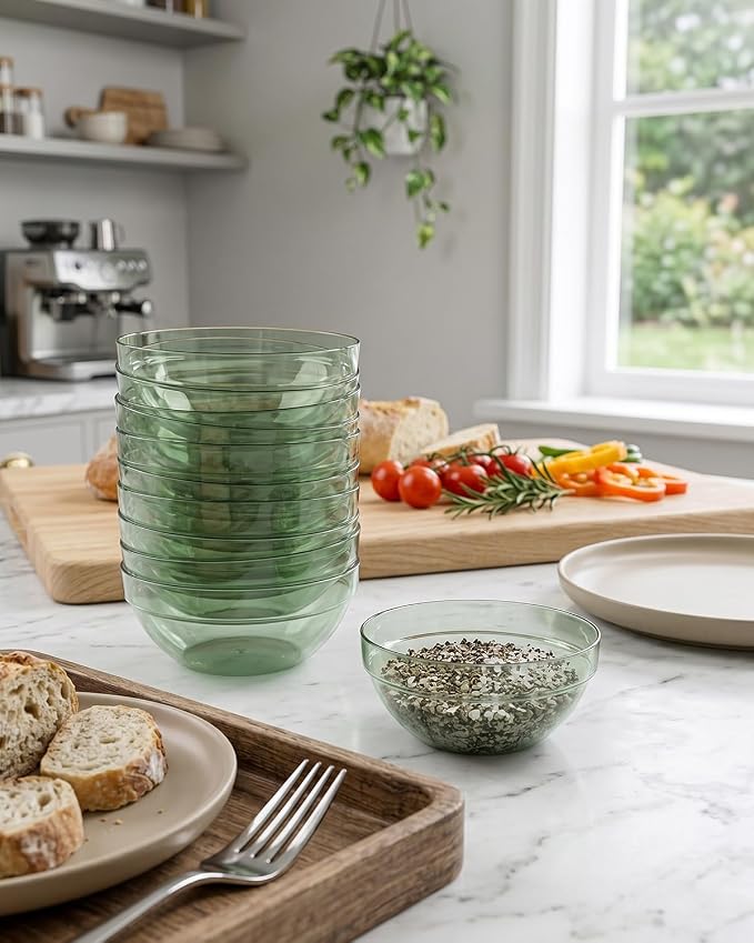 bUCLA 50 Pack Plastic Prep Bowl Sets, 6oz Clear Green Small Pinch Bowls | Small Bowls for Salt, Spices, Chopped Ingredients, Dipping Sauces, Ice Cream Toppings, Pudding