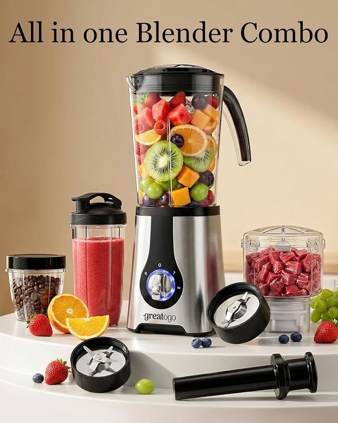 Power Smoothie Blender, Household Countertop Kitchen Blender and Food Processor Combo for Smoothies, Shakes, Drinks, Baby Food, Sauces, and Spreads. Come with Pitcher, Jar, Chopper, and Grinder