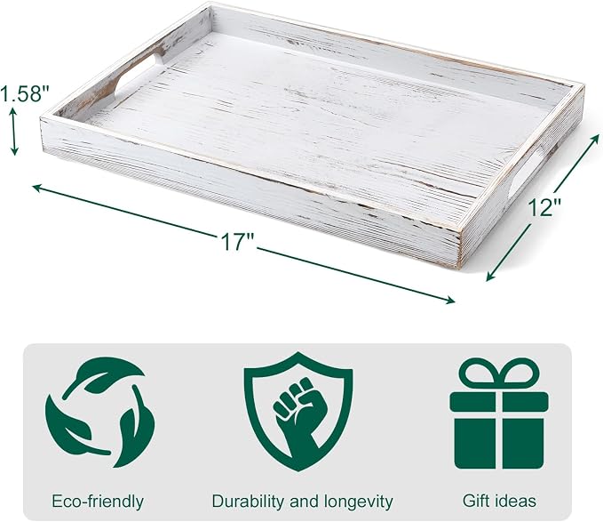 17 Inch Rustic White Serving Tray with Handles - Large Wooden Tray for Ottoman, Breakfast in Bed, Dinner, Coffee Table - Decorative Rectangular Tray for Living Room Bedroom Entryway and Kitchen Decor