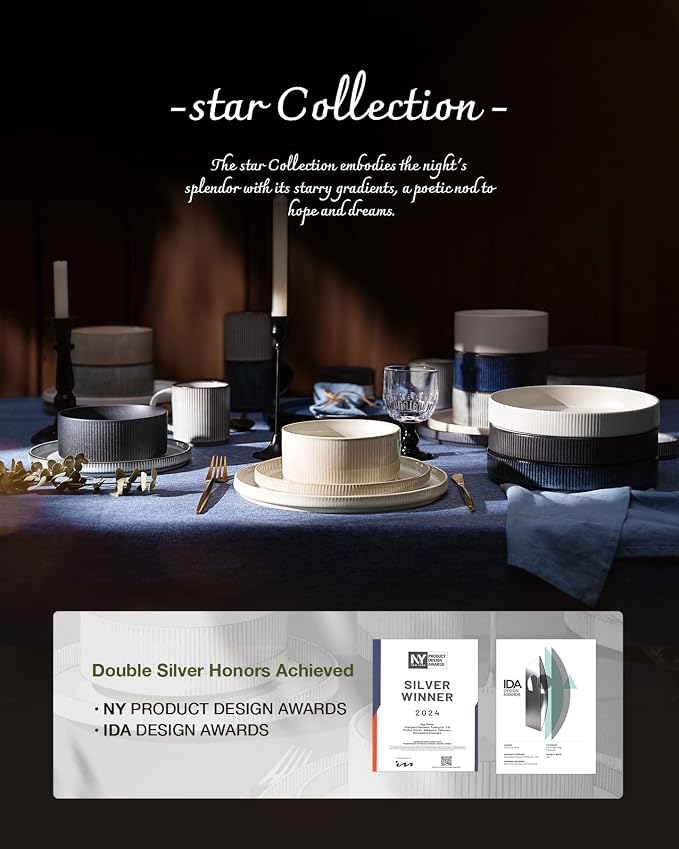 Famiware Stoneware Dinnerware Set for 8, Rimmed Plates, Bowls, Cream Dishes | 24-Piece Ceramic Dishes, Chip & Scratch Resistant , Microwave & Dishwasher Safe, Everyday Dining, Modern Rustic, Lipped Edges