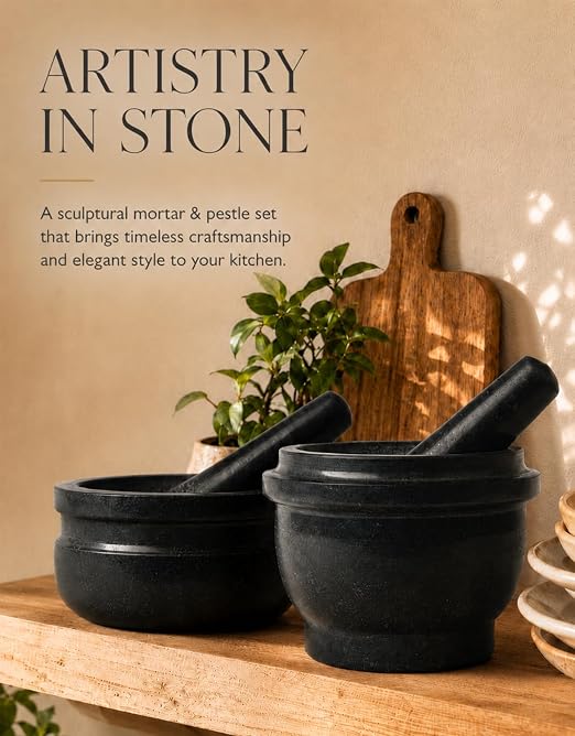 HITROCK Granite Mortar and Pestle 2 Sets, 6 Inch Heavy Duty Stone Grinder Bowl with Silicone Anti-Slip Base & Handle Protector, for Guacamole, Salsa, Pesto, Spices, 2.3 Cup & 3.2 Cup Capacity, Black