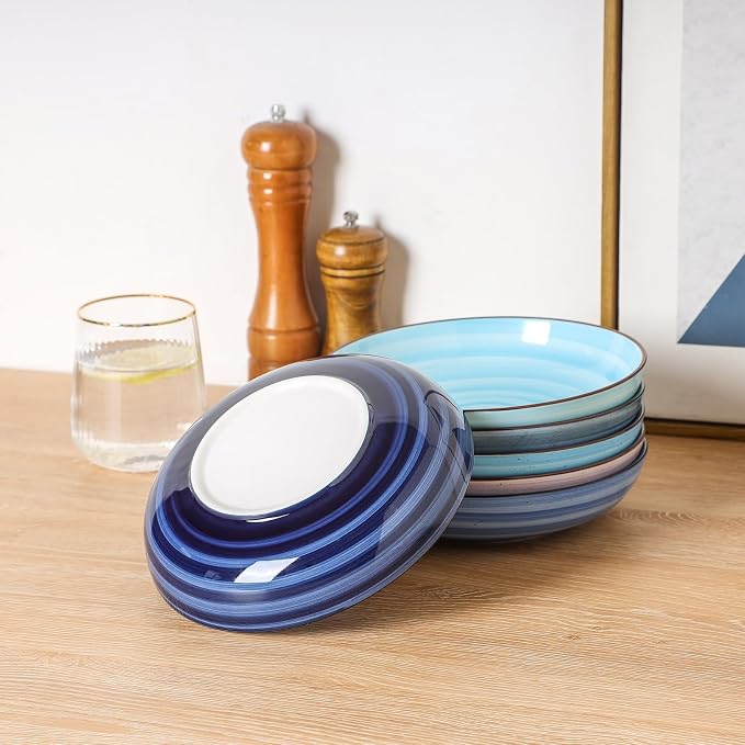 KitchenTour Large Pasta Bowls, 34 Ounce Ceramic Salad Bowl Plates, Set of 6 | Dinner Plate Bowl Set, 8.6 Inch, Wide and Shallow for Soup, Dishwasher and Microwave Safe, Ocean Swirl