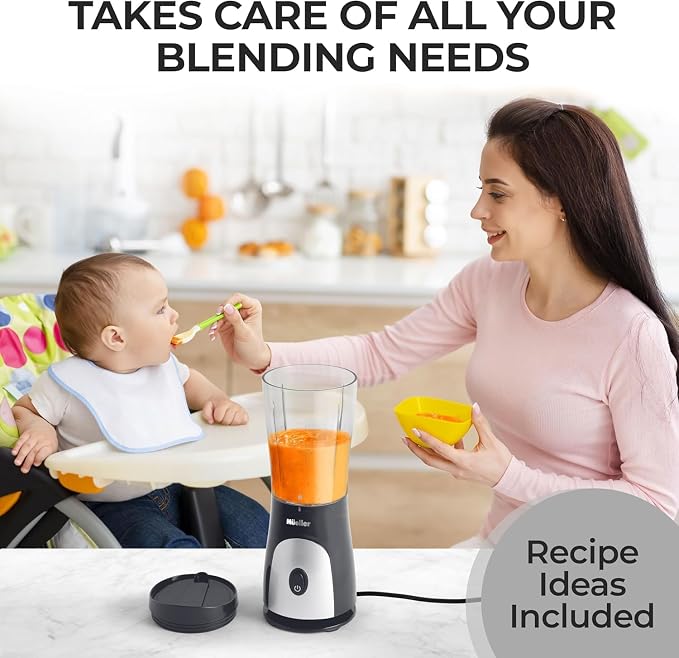 Mueller Smoothie Blender for Smoothies - Personal Blender for Shakes, Frozen Drinks, Baby Food & More, 15oz Travel Cup and Lid, Durable Stainless Steel Blades for Powerful Blending Performance