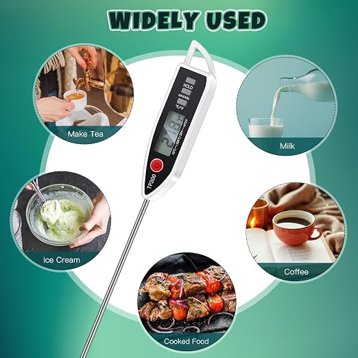 3 Set Digital Food Thermometer Long Probe Instant,White | Waterproof for Water Liquid Candle, Instant Temperature Read for Kitchen BBQ Grill Candy Meat, Foldable Probe Thermometer