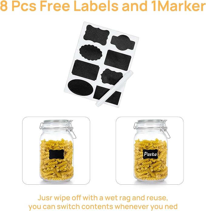 50oz Glass Food Storage Jars with Airtight Clamp Lids, 3 Pack | Food Storage Canister for Kitchen, Pantry Organization, Square Mason Jars for Storing Sugar, Flour, Cereal,Coffee,Cookies