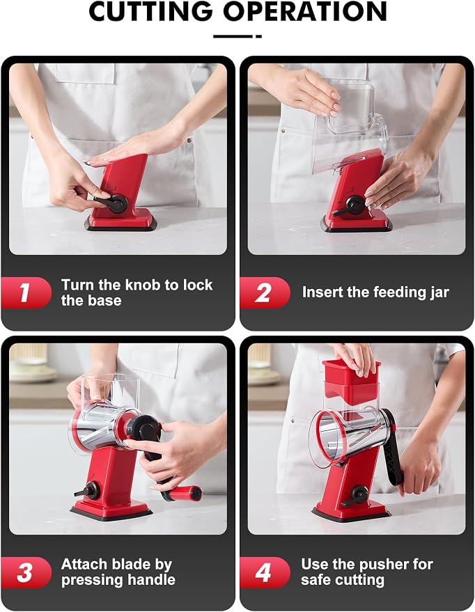 GDL Upgraded Cheese Grater Shredder Hand Crank, Vegetable Slicer, 4 Blades | 18x Faster Cutting, Stronger Suction Base, No BPA, Stainless Steel Blade, Dishwasher Safe, For Cheese & Veggies & Nuts