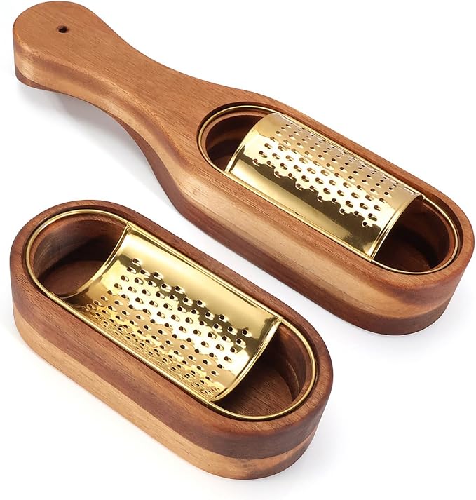 Box Cheese Grater With Container Stainless Steel Parmesan Cheese Grater With Wood Handle Shredder Zester Grater Box Kitchen Handheld Cheese Spoon Grater-Gold Colour (With Handle)