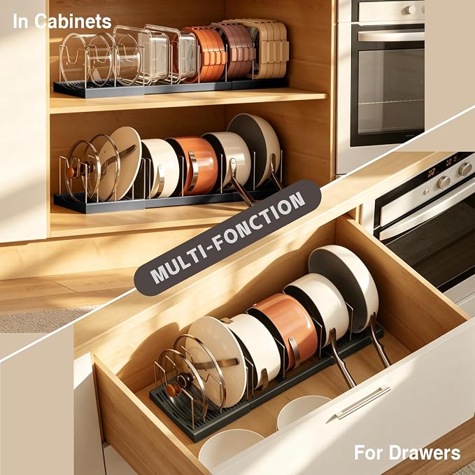 Magheo 2 Pack Pots and Pans Organizer Under Cabinet, Expandable 12.6"-22.8" Kitchen Cabinet Organizer Holder with 10 Adjustable Dividers for Food Storage Container Lid, Cookie Sheet, Cookware(Black)