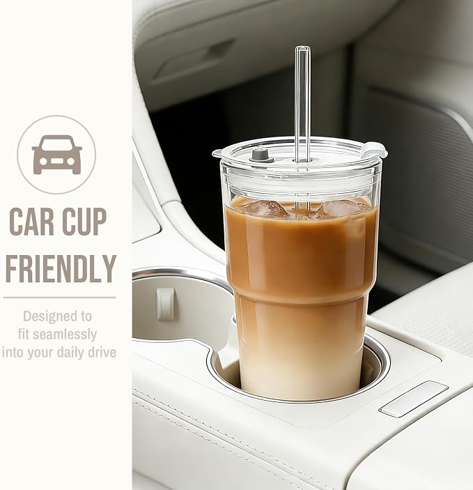 SoulTimes 20oz Clear Glass Tumbler with Lid and Straw – Iced Coffee Glasses Cups for Smoothie, Matcha, Juice, Water etc. Leakproof and Reusable Glassware Drinking for Travel To Go 【2 Pack】