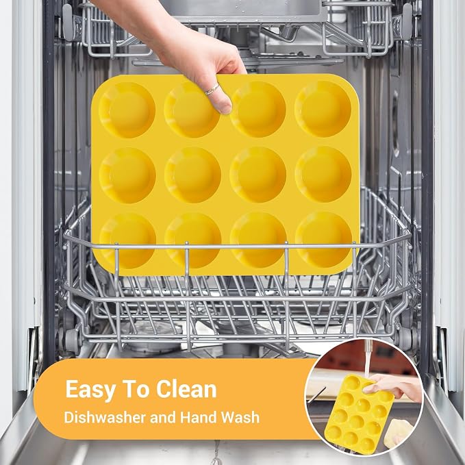 Redfly 2 Pack Silicone Muffin Pans for Baking & Cupcake Pan - 12 Cup Regular Size Silicone Molds, BPA Free Egg Bites Mold,Yellow