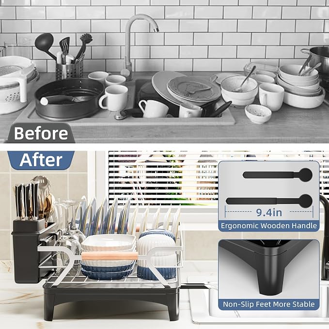 Dish Drying Rack,Space Saving Dish Drainer for Kitchen Counter& Sink,Silver | Rustproof,Riser Feet,Wooden Handle,Cup Holder & Knife Slots,Expandable Spout,Auto-Drainage System,Sink Storage Organizer