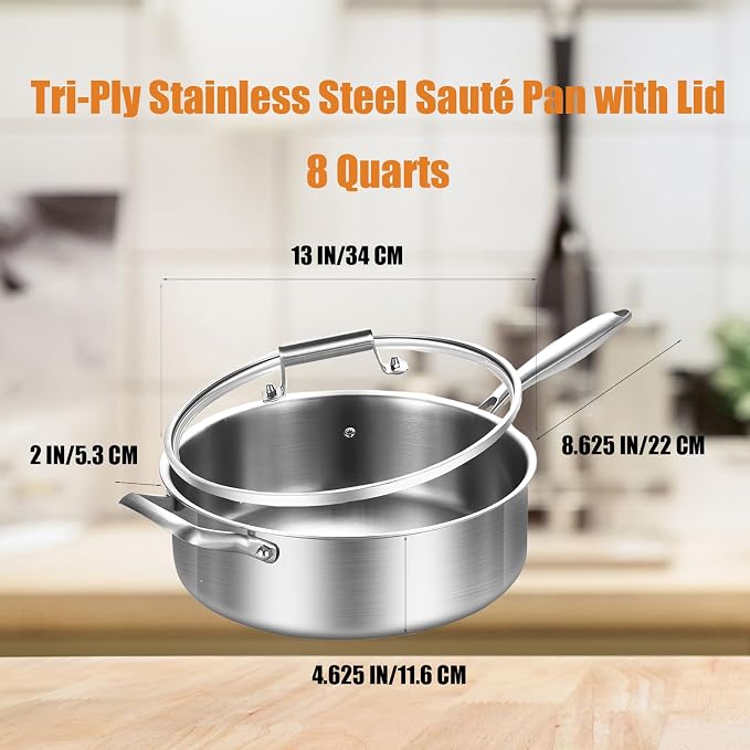 Inqibee 8 QT Tri-Ply Stainless Steel Saute Pan with Lid | Deep Frying Pan with Helper Handle | 13 Inch | Induction Compatible | Oven & Dishwasher Safe | Serves 8–10 People