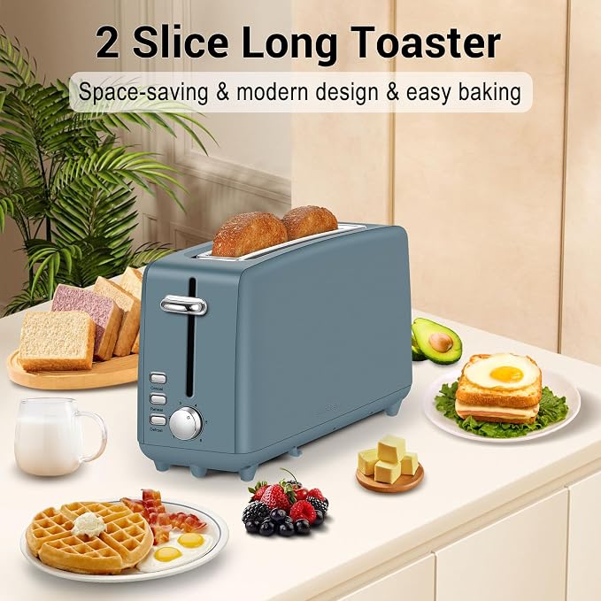 SEEDEEM Stainless Steel Toaster 2 Slice Slim, 10" Single Long Slot, Surf | 6 Shade Settings, Extra Wide Slot Fits Bagels & Artisan Bread, Defrost, Cancel Function, Removable Crumb Tray