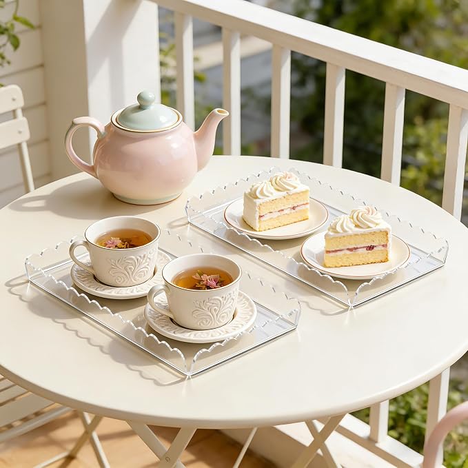 3 Pack Acrylic Serving Trays for Party, 12.9 x 7.1 Inch Scalloped Clear Serving Platter for Food Coffee Tea Snack, Catering Dessert Tray for Cupcake Fruit Party Table Decor (Tray-Clear)