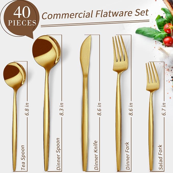CEKEE 40-Piece Gold Silverware Set for 8, Stainless Steel Flatware Set | Gold Utensils Set, Gold Cutlery Set Include Knives Spoons and Forks Cutlery Set for Kitchen Home Restaurant, Satin Finish