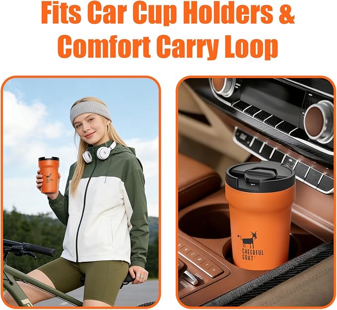 CHEERFUL GOAT Insulated Coffee Mug – Stainless Steel Travel Coffee Tumbler with Ceramic Liner, 12oz Coffee Cup for Hot and Cold Water Coffee at Home, Office, or On the Go (orange)