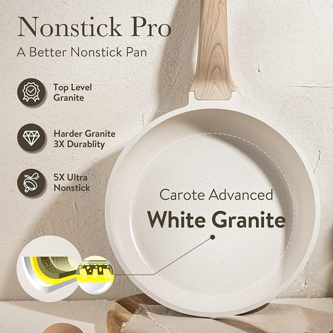 CAROTE 8 Inch Non Stick Frying Pan, Cream White Granite Skillet | Kitchen Healthy Non Toxic Stone Cookware,All-Stovetop Compatible, Cool Handle, Easy to Clean, PFOA Free
