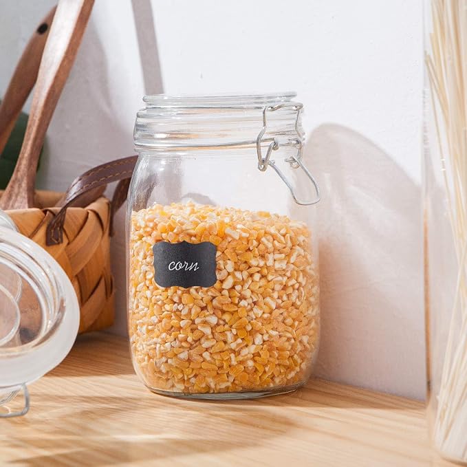 Flrolove 32oz Set of 4 Glass Kitchen Storage Canister Mason Jars with Lids | Airtight Glass Canister with Hinged Lid, Perfect for Kitchen Canning Cereal, Pasta, Sugar, Coffee Beans, Label & Chalk Marker