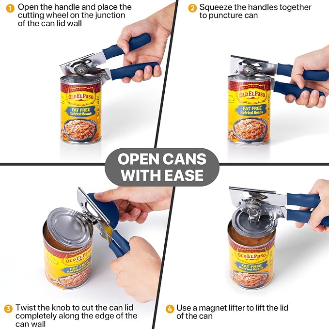 UHIYEE Heavy Duty Hand Can Opener with Comfortable Grip for Seniors, Blue | Manual Can Opener, Hardened Steel Blade, Rubber-Coated Handle, Oversize Knob, Built-in Magnet & Bottle Opener
