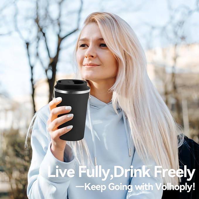 Volhoply 12 oz Double Wall Insulated Vacuum Travel Coffee Mugs with Flip Lid Bulk 2 Pack,Reusable Stainless Steel Leak Proof Coffee Cup,Portable Cafe Thermal Tumbler for Hot & Cold Drinks(Black,2 Set)