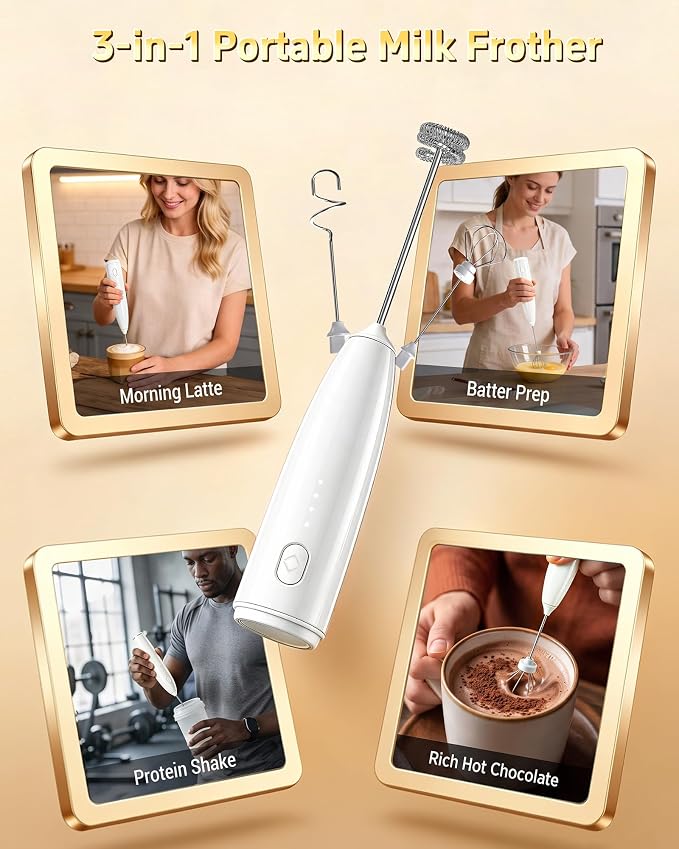 Milk Frother Handheld,Portable Electric Drink Mixer&Wand,Egg Whisk (White) | USB C Rechargeable | 3 Adjustable Speeds | 3 Detachable Whisks | Quiet Operation | For Coffee, Latte, Matcha,protein powder