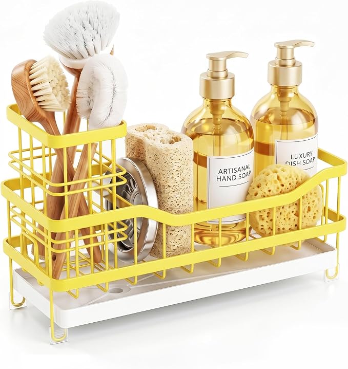 Sink Caddy, Sponge Holder for Kitchen Sink, Yellow | Self-draining Sink Organizer with Removable Brush Holder, Metal Sponge Rack for Countertop, Fits Soap Dispenser & Scrubber