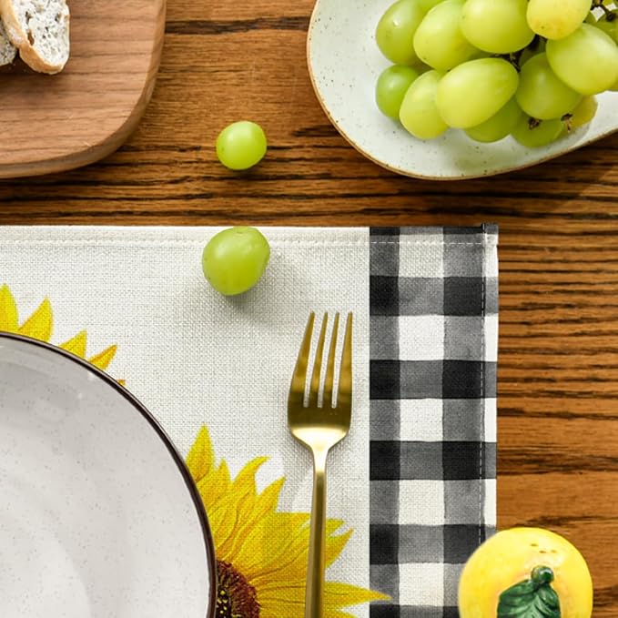 Artoid Mode Buffalo Plaid Sunflower Sunshine Vase Summer Placemats Set of 6, 12x18 Inch Spring Table Mats for Party Kitchen Dining Decoration