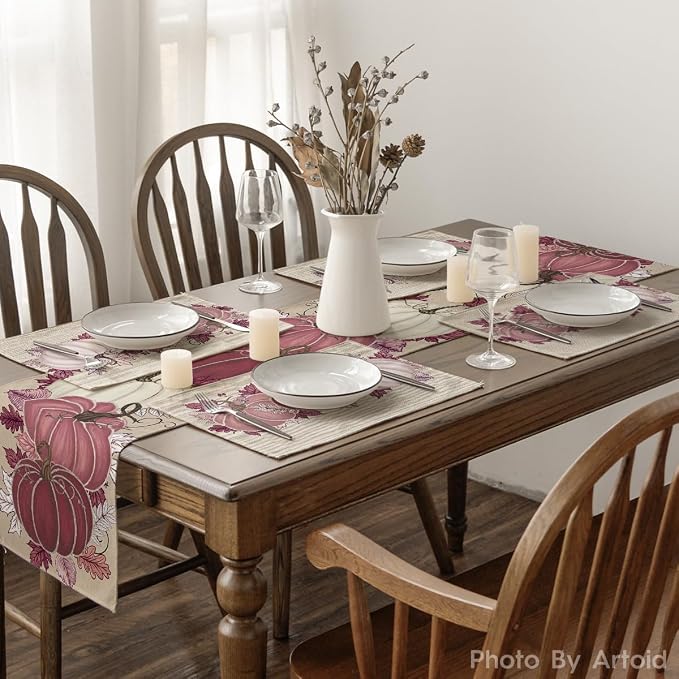 Artoid Mode Pink Pumpkin Leaves Fall Placemats Set of 4-12 x 18 Inch | Heat-Resistant Table Mats, Washable Seasonal Autumn Kitchen Dining Decor