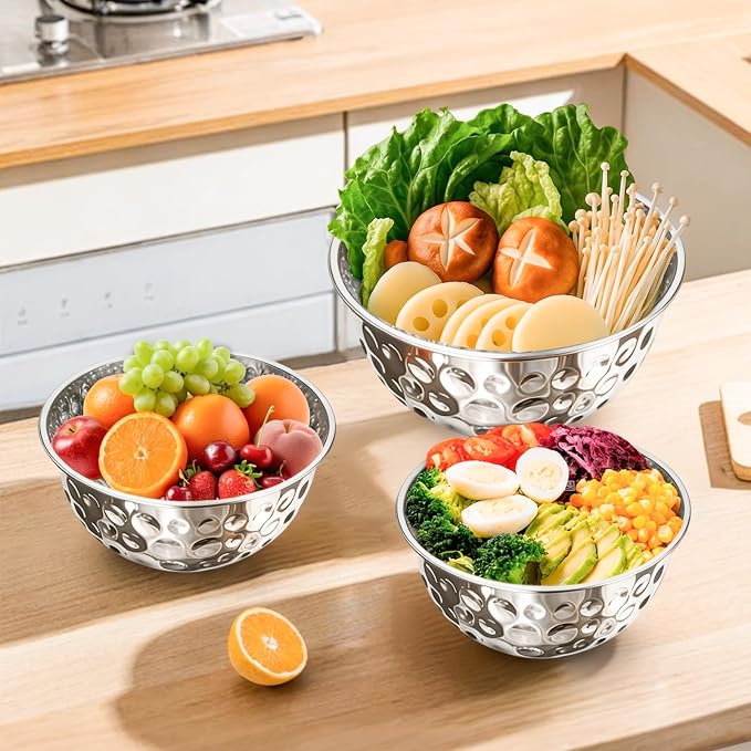 5-Piece Stainless Steel Mixing Bowls Set | 4.9/4.2/3.2/2.1/1.6QT, Hammered Design, Food-grade, for Kitchen Meal Prep, Baking, Movie Night, Party