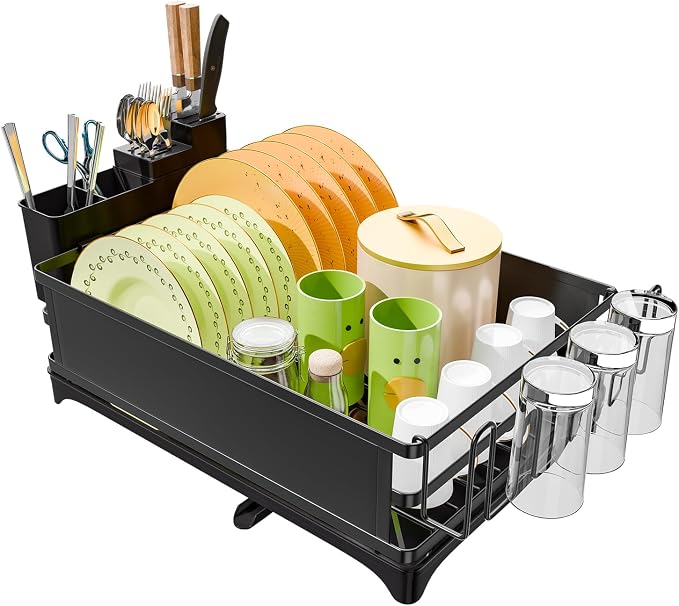 Simple Trending Dish Drying Rack for Kitchen Counter, 12" D x 16" W, Black | Stainless Steel Dish Rack for Kitchen Counter, Dish Drainer with Cutlery & Cup Holders, Anti-Rust, Counter Space Saving