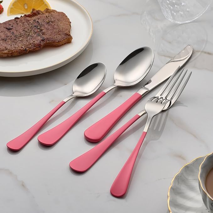 20-Piece Pink Silverware Set 18/0 Stainless Steel Flatware Pink Handle Cutlery Set Service for 4 Dinner Knives Forks Spoons Set Mirror Finish Dishwasher Saf