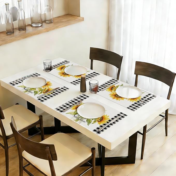 Sunflower Sunshine Vase Summer Placemats Set of 4, Outdoor Home Party Decor | Buffalo Plaid Spring Table Mats for Kitchen Dining Decoration, Washable Non-Slip Heat Resistant Linen Fabric Place Mats