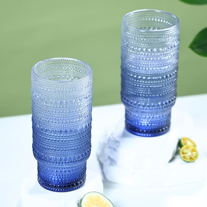 Large Capacity 16 oz Hobnail Drinking Glasses Set of 4, Vintage Glassware Drinking Glasses, Gray-blue Water Glasses Tumbler, Cups for Kitchen, Juice, Beer, Cocktail, Whiskey
